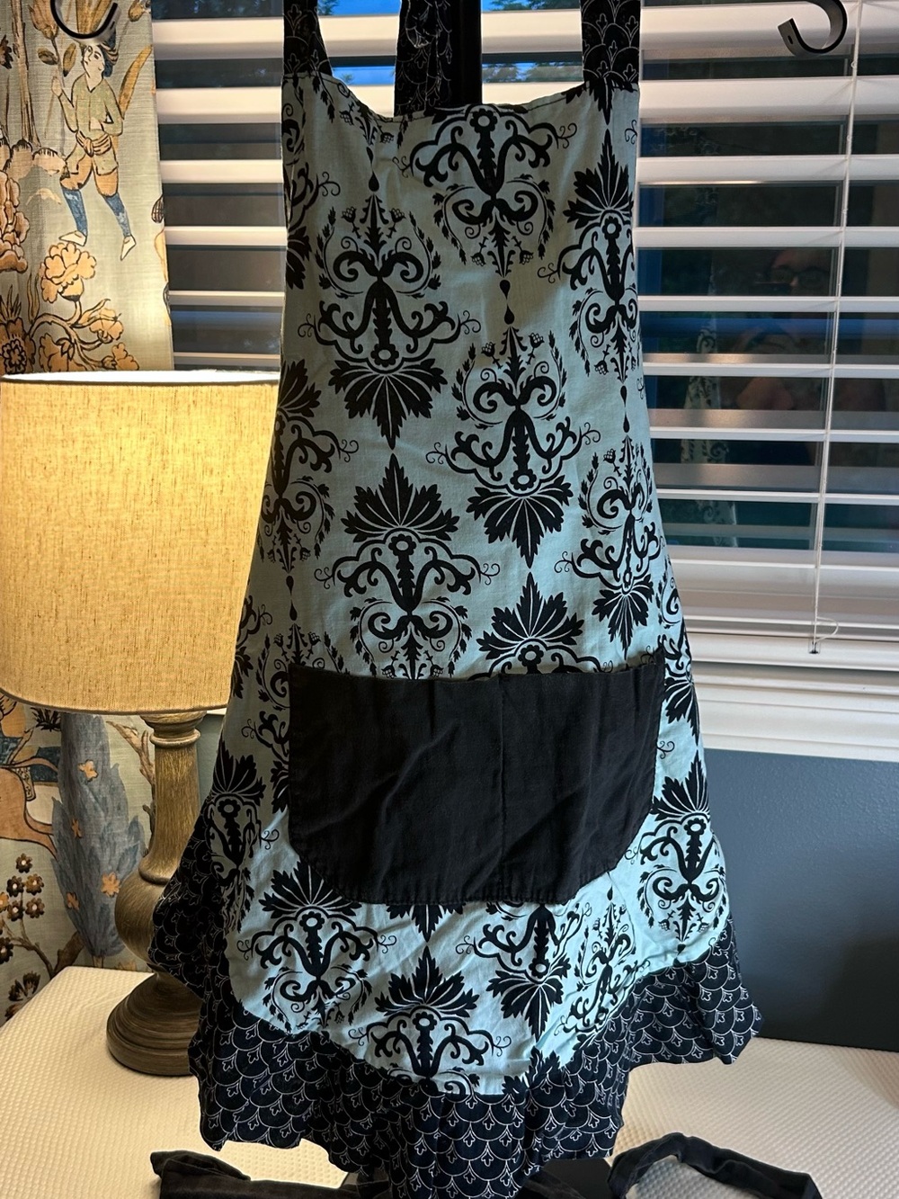 Flirty Aprons Original Aqua Damask 100% Cotton Ruffle Apron